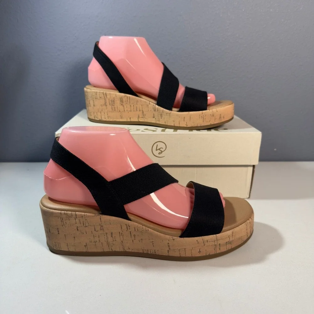 LifeStride Odette Wedge Sandals Womens 8 Black New Canvas Cork Platform Comfort